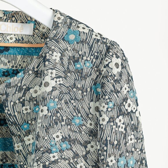 Chloe Blue and Gold Floral Brocade Boxy Cropped Jacket - Picture 4 of 7